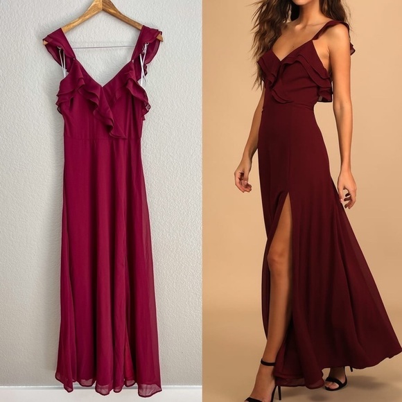 Lulus Dresses & Skirts - NWOT Lulus Adoring Glances Burgundy Ruffled Maxi Dress